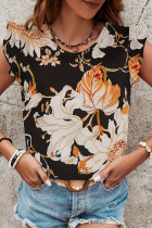 Casual Floral Print Backless Ruffle O Neck Tops