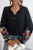Casual Flowers Buttons Patchwork V Neck Tops
