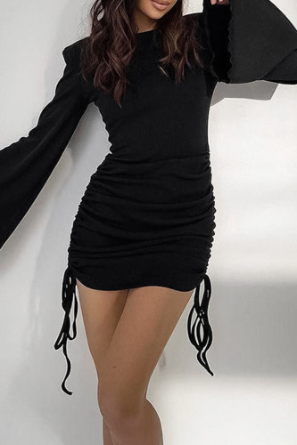 Daily Solid Color Draw String Potholes O Neck Wrapped Skirt Dresses