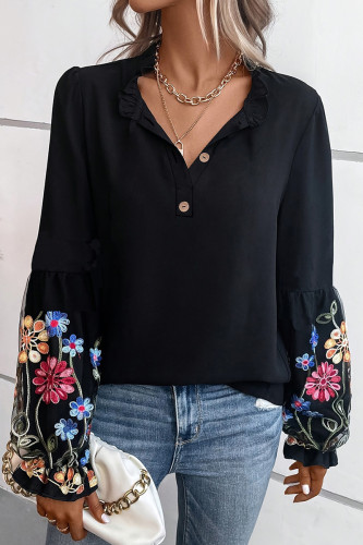 Casual Flowers Buttons Patchwork V Neck Tops