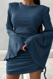Daily Solid Color Draw String Potholes O Neck Wrapped Skirt Dresses