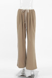Casual Daily Solid Color Draw String Pocket Patchwork Loose High Waist Straight Patchwork Bottoms
