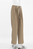 Casual Daily Solid Color Draw String Pocket Patchwork Loose High Waist Straight Patchwork Bottoms