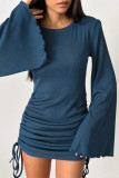 Daily Solid Color Draw String Potholes O Neck Wrapped Skirt Dresses