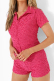 Casual Solid Color Buttons Embossed Turndown Collar Skinny Rompers