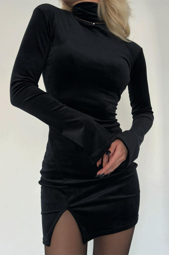 Casual Daily Solid Color Slit Fluffy Turtleneck Wrapped Skirt Dresses