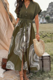 Elegant Geometric Print Lace Up Buttons V Neck A Line Short Sleeve Dress