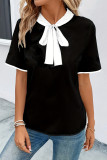 Casual Solid Color Lace Up Patchwork Contrast Tie Neck Tops