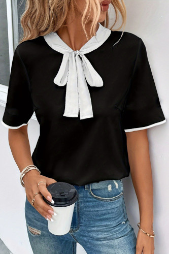 Casual Solid Color Lace Up Patchwork Contrast Tie Neck Tops