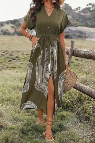 Elegant Geometric Print Lace Up Buttons V Neck A Line Short Sleeve Dress