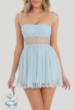 Sexy Vacation Solid Color Lace Up Backless Mesh Square Neck Sling Dresses