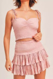 Sexy Solid Color Lace Up Ruffle Square Neck Sleeveless Two Pieces