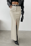 Elegant Solid Color Slit Without Belt Straight High Waist Solid Color Bottoms(No Belt)
