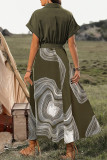 Elegant Geometric Print Lace Up Buttons V Neck A Line Short Sleeve Dress