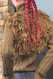 Casual Solid Color Fringed Trim Zipper Turtleneck Tops