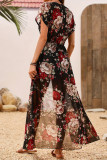 Casual Flowers Print Slit O Neck Tops