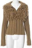 Casual Solid Color Fringed Trim Zipper Turtleneck Tops