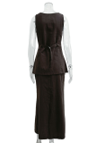 Casual Daily Solid Color Pocket Buttons Square Neck Sleeveless Two Pieces