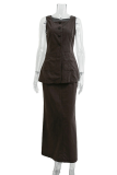 Casual Daily Solid Color Pocket Buttons Square Neck Sleeveless Two Pieces