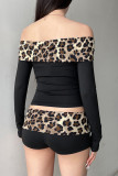Sexy Leopard Print Patchwork Off Shoulder Long Sleeve Two Pieces