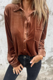 Casual Solid Color Pocket Buckle Turndown Collar Tops