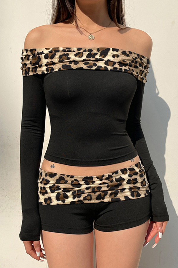 Sexy Leopard Print Patchwork Off Shoulder Long Sleeve Two Pieces