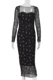 Sexy Floral Print Ruched Square Neck One Step Skirt Dresses