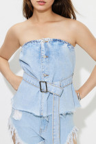 Sexy Solid Color Buttons Patchwork Adjustable Strapless Tops