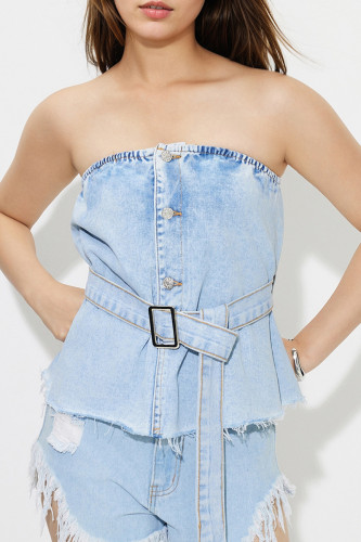 Sexy Solid Color Buttons Patchwork Adjustable Strapless Tops