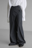 Solid Color Pocket Buttons Irregular Loose High Waist Wide Leg Solid Color Bottoms(No Belt)