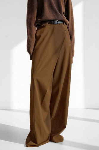 Solid Color Pocket Buttons Irregular Loose High Waist Wide Leg Solid Color Bottoms(No Belt)