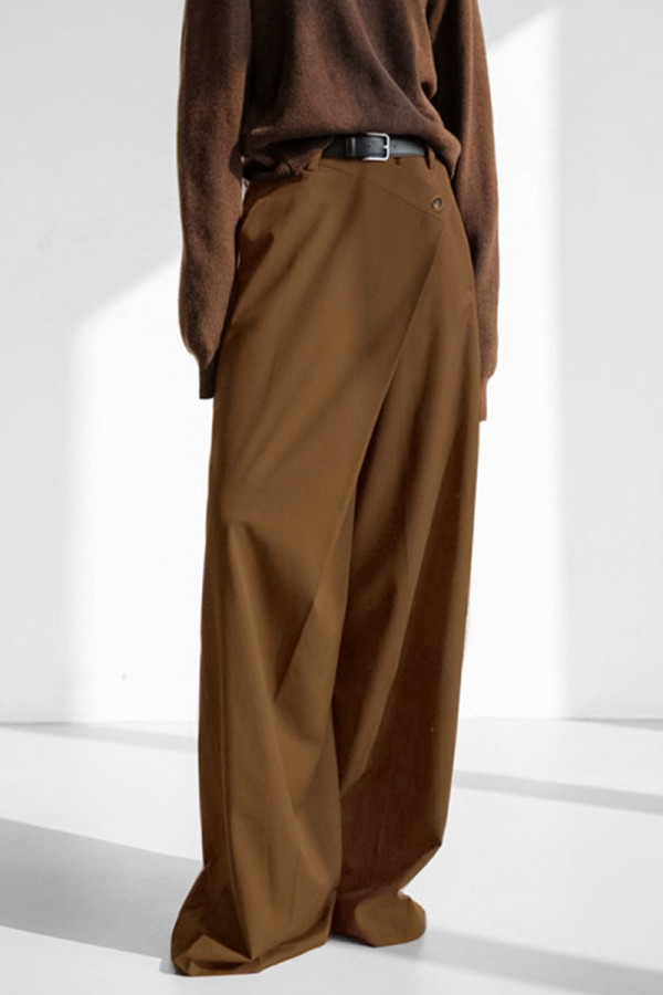 Solid Color Pocket Buttons Irregular Loose High Waist Wide Leg Solid Color Bottoms(No Belt)