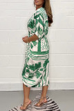 Casual Geometric Print Ruched Contrast V Neck A Line Dresses
