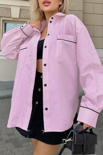 Casual Street Striped Print Pocket Patchwork Turndown Collar Tops