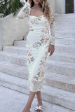 Sexy Floral Print Ruched Square Neck One Step Skirt Dresses