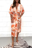 Casual Geometric Print Ruched Contrast V Neck A Line Dresses