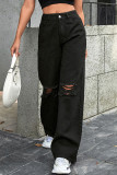 Casual Daily Solid Color Ripped Pocket Loose High Waist Straight Solid Color Bottoms
