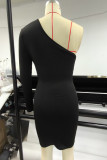 Sexy Solid Color Hollow Out Sloping Shoulder Wrapped Skirt Dresses