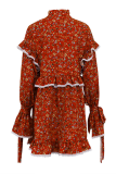 Elegant Leopard Print Flowers Lace Up Patchwork Ruffle Half A Turtleneck A Line Dresses