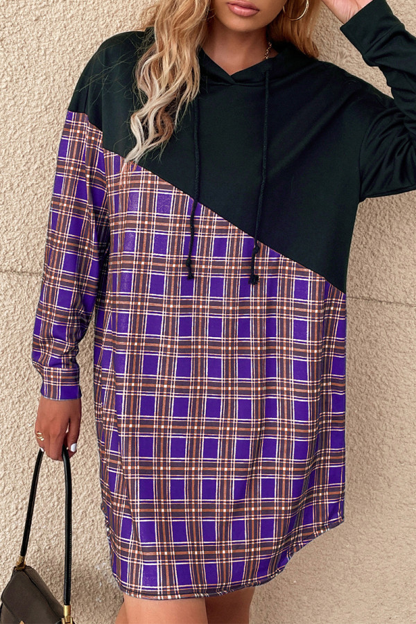 Casual Daily Plaid Draw String Patchwork Contrast Hooded Tops