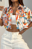 Casual Daily Graffiti Print Pocket Contrast Turndown Collar Tops