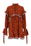 Elegant Leopard Print Flowers Lace Up Patchwork Ruffle Half A Turtleneck A Line Dresses