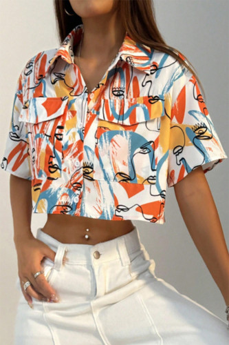 Casual Daily Graffiti Print Pocket Contrast Turndown Collar Tops