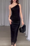 Sexy Solid Color Patchwork Sloping Shoulder One Step Skirt Dresses