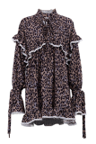 Elegant Leopard Print Flowers Lace Up Patchwork Ruffle Half A Turtleneck A Line Dresses