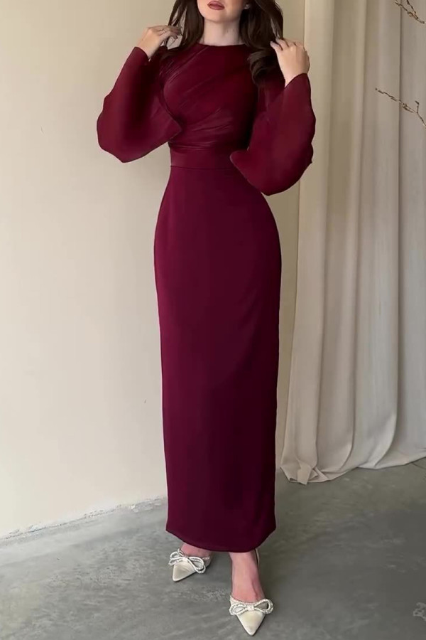 Elegant Solid Color Ruched O Neck One Step Skirt Dresses