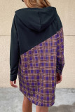 Casual Daily Plaid Draw String Patchwork Contrast Hooded Tops