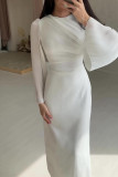 Elegant Solid Color Ruched O Neck One Step Skirt Dresses