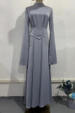 Elegant Solid Color Lace Up Patchwork Mandarin Collar A Line Dresses