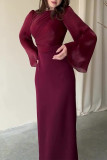 Elegant Solid Color Ruched O Neck One Step Skirt Dresses